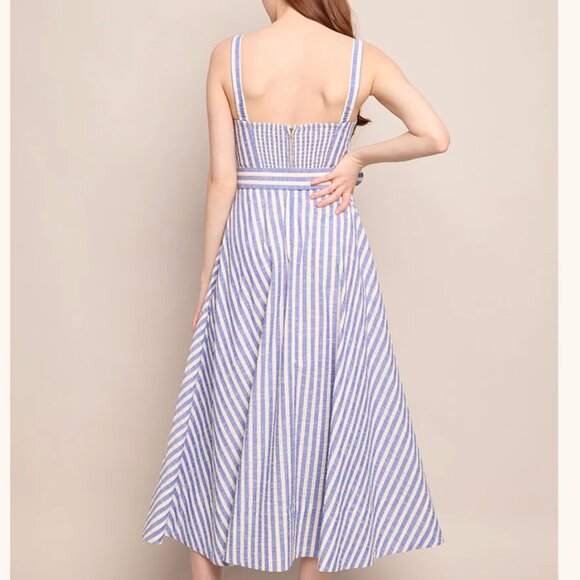 NEW Cara Cara Calypso Midi Dress Sz6 Ivory Blue Striped Seersucker Vacation - Picture 12 of 13